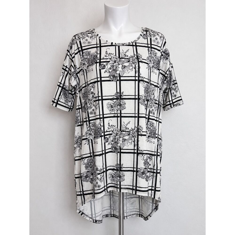NWT LuLaRoe Irma Womens Large Black White Floral Plaid Tunic Top High Low